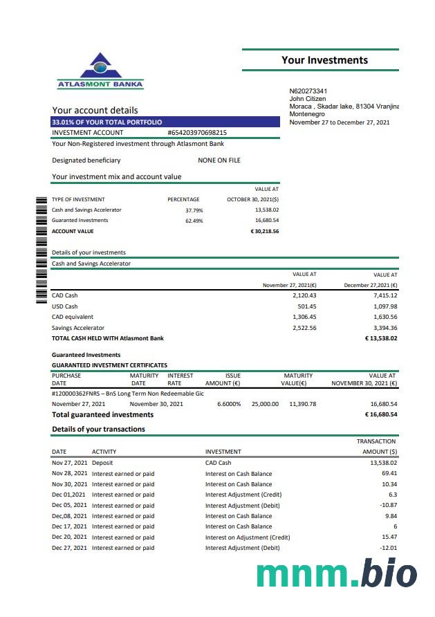 Szablon wyciągu bankowego Montenegro Atlasmont w programie Word i PDF